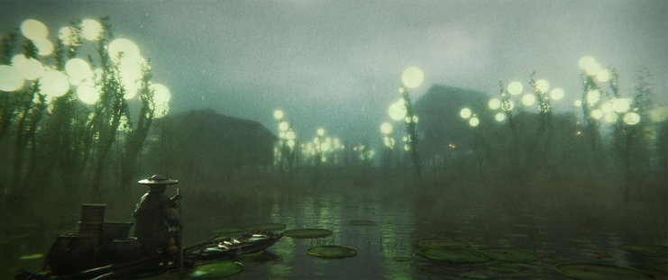 A night shot of a foggy swamp, with glowing orbs at the top of bamboo-like plants.  A person with a straw hat poles a small raft through the water.