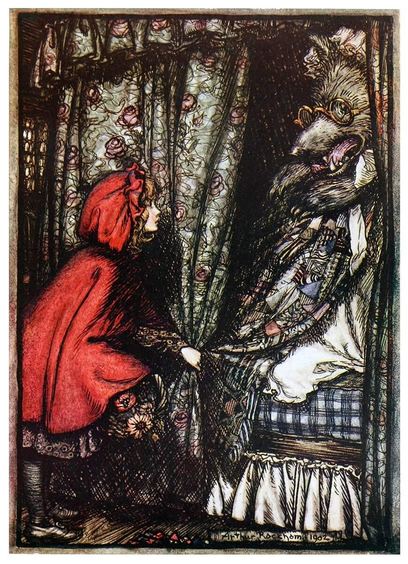 Little Red Riding Hood is at her grandmother’s house, pulling back the curtain of the bed where the wolf, wearing a nightcap and glasses, lies.