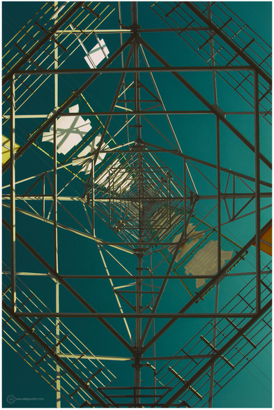 Looking straight up the inside of an electricity pylon by the Edo Rover, Tokyo, back in 2011. Deep blue, cloudless sky above.