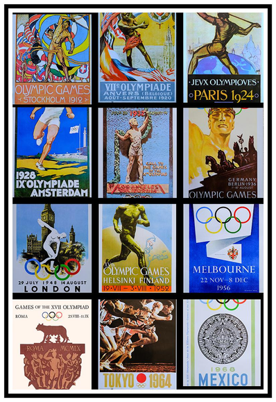 Collage of posters of the first 12 Olympic Games