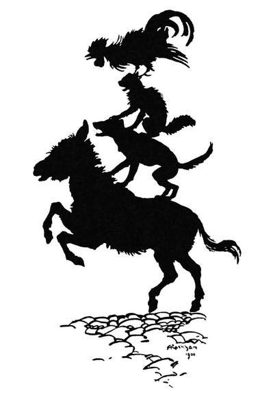 Silhouette illustration depicting a rooster standing on the head of a cat, which is sitting on a dog that stands on the back of a rearing donkey.