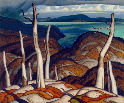 A landscape painting featuring stylized white trees against a backdrop of rolling hills and a turquoise lake. The sky is cloudy, suggesting an overcast day. Earthy tones dominate the foreground, with vibrant orange and brown hues. The serene scene captures the interplay