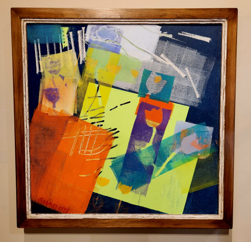 A colorful print with various abstractions of tulips inbdifferent orientations. There are rectangles tilted to the right upon which the tulip images show. Colors of orange, green, blue anf yellow are present.