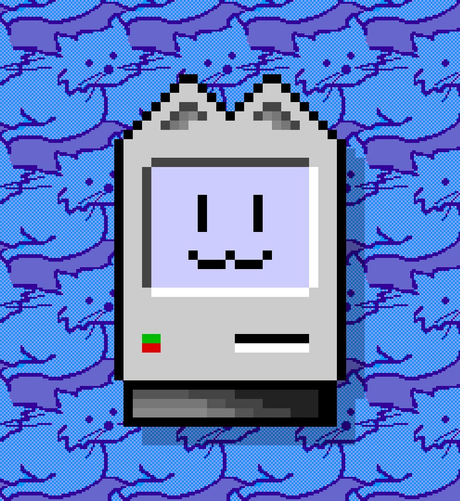 a screenshot of a mac system icon but with cat ears and 3 mouth over the blue tiled cat mac wallpaper