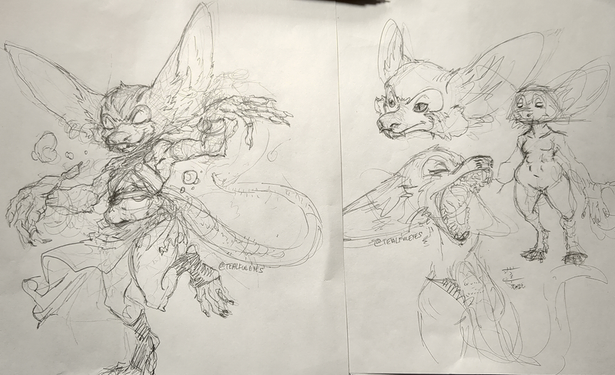 Sketches by Tealful Eyes of their interpretation of Kobold design. On the left is a Kobold hydromancer dancing with globules of water sorrounding them and on right are doodled ideas of how they look.