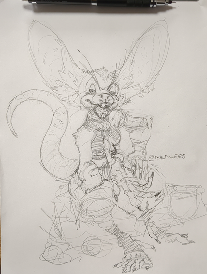 Sketch by Tealful Eyes of a Kobold sitting down smiling toward and greeting the viewer.