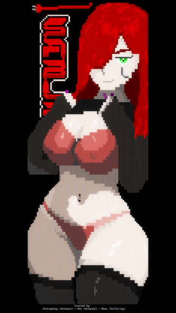 The image features ANSI artwork of a stylized character with long red hair and a confident stance. The character is wearing a revealing red outfit, including a bra and panties, complemented by black stockings and a collar. The background is predominantly black, with a logo on the left side that appears to read "Sable" in red text. The artwork has a pixelated, retro digital aesthetic typical of ANSI art.