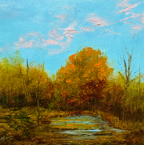Original autumn landscape oil painting by Tisha Mark, "Golden Lights Marsh" 5"x5" oil on Ampersand Gessobord (2025). Textured autumn landscape featuring a large golden orange maple tree surrounded by other fall foliage, with a bright blue sky that has cloud formations that are pink or lavender depending on the lighting. Colors from the sky and the trees are reflecting in marsh waters.