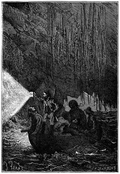 A group of men explores a sea cave in a rowboat, illuminating the water ahead with a lantern.
