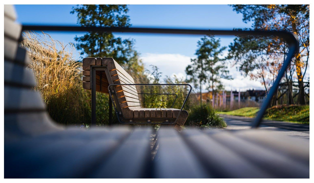 Foto einer Parkbank von der Sitzfläche einer Parkbank aus aufgenommen.