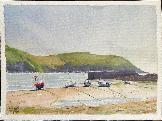 A watercolor painting depicting a seaside scene. It features a small red and white boat on the shore, alongside several other boats moored on a sandy beach. Green hills rise in the background, with a blue sky overhead.