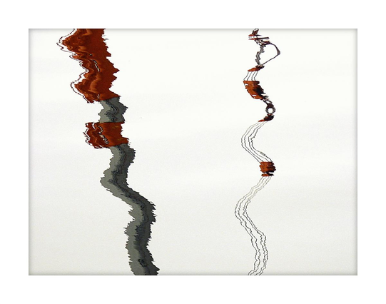 A colour abstract photograph showing a crane jib and its associated cables reflected on calm grey water. The jib and cables pass diagonally through the frame in opposition to each other, rippled by the gentle movement of the water.