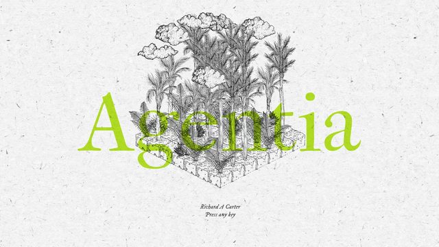 A gif image of the Agentia title screen, showcasing the green title "Agentia" overlaid above a hand drawn isometric landscape, which switches between various scenes, from a rainforest, to a city, to an ancient landscape, to a museum, to a coral reef.