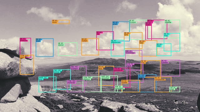 A landscape imaged as part of the Algorithmic Light project. Greyscale moorland tors overlaid with various coloured boxes, each with poetic textual "tags".