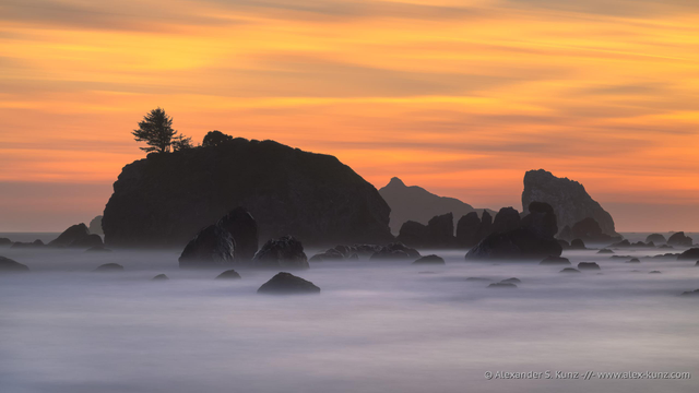A wide format color seascape photo showing a group of rocks under evening sky with colorful orange streaks of clouds. A small tree grows on the largest rock, silhouetted against the sky. The ocean in the foreground is rendered smooth and silky with a slow shutter speed.
