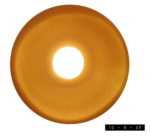 Top view of a plastic, battery-powered, pumpkin orange votive candle.  1.5" in diameter.  Just like the ones the pioneers used (except theirs weren't plastic, battery-powered, or pumpkin orange).  Like all high-class faux candles, this one comes complete with an artificial flicker.  I have at least 12 now, with no real use for any of them - which means they fit right in with about 90% of the other things I own.     