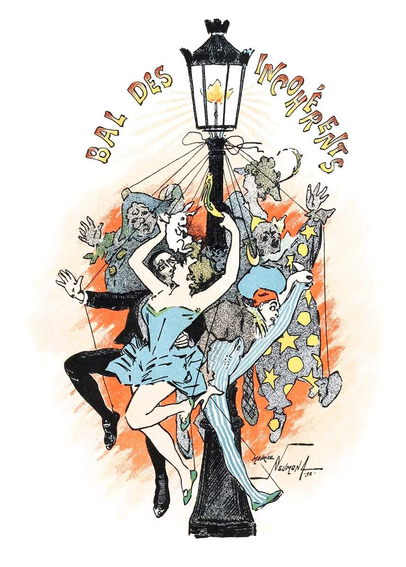 Poster advertising the masked ball of the Incoherents and featuring dancers and clownish or carnival figures hanging from a street lamp, suspended on strings like puppets.