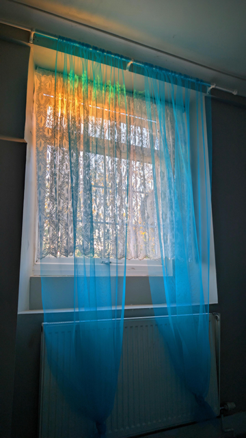 Photo of a window with morning sun just hitting the iop where it's saturated yellow. The tulle is blue at the bottom