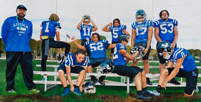 a wide, horizontal triptych of football players and a coach in blue uniforms, sitting or standing near bleachers and getting suited up, some looking directly at the viewer, including the coach, who stands with his hands behind his back