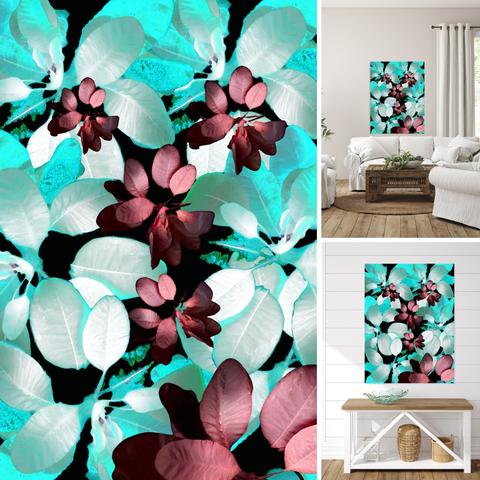 Upper/lower left digital image featuring the design-
 Abstract Coloured Leaves #2.  

Upper right design on a Canvas Print on a wall above a couch. 

Lower right design on a Canvas Print on a wall above a table. 

I took a photo of autumnal leaves and laterally digitally manipulated these ( using various means including the Magic AI Background Remover, layering and colour filter options in canva.com) to create a stunning piece of contemporary botanical art. 

Features a vibrant composition of pale turquoise and contrasting dark red leaves, creating an eye-catching pattern. 

The use of negative space enhances the boldness of the colors. Elements using a grid format in canva.com

Click links on the main post for options. 


