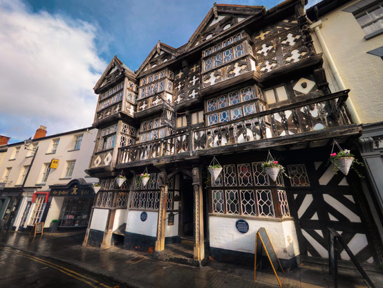 A magnificent timber-framed building with distinctive dark wooden beams contrasts sharply against cream-coloured infill panels, featuring multiple gabled roofs with ornate carved details and decorative bargeboards typical of late medieval architecture. The Feathers Hotel in Ludlow showcases intricate geometric lattice patterning across its windows and decorative panels, with the ground floor featuring shop frontage adorned with hanging baskets of vibrant pink and white flowers beneath a covered walkway supported by dark timber posts. The building's stepped gable roofline rises prominently against a partly cloudy blue sky, whilst neighbouring historic structures in pale cream render are visible to the left, and the wet paving stones below suggest recent rain, all capturing the charm of this Grade I listed building that stands as a quintessential example of English Tudor heritage architecture in the heart of Shropshire's historic market town.