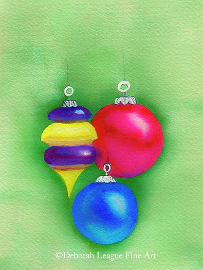 Traditional blown glass Christmas tree ornaments, watercolor. Glowing with the wonder of the season, three beautiful orbs appear to hang in space on a Christmas green background. Light shines on the surface of the orbs and their colors of red, blue, purple and yellow, reflect on one another. Festive, seasonal piece that is perfect for your holiday decor. Available as wall art, hand towels, greeting cards, coffee mugs and more.