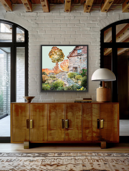 Framed art shown in a display room.