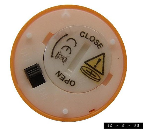 A bottom view of the plastic, battery-powered, pumpkin orange votive candle that I posted about 12 hours ago.  Remarkably, it, too, is about 1.5" in diameter.  (It's things like this that make me suspect that reality has no imagination.  But then I remember the giraffe!)    