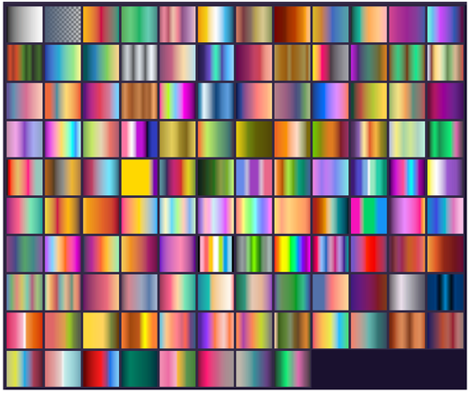 an 12 x 10 grid of colorful squares, each a small sample of a gradient map.