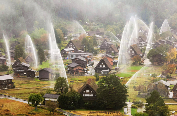 Water is sprayed over the world heritage village of Shirakawa-go to protect it from fires before the winter.