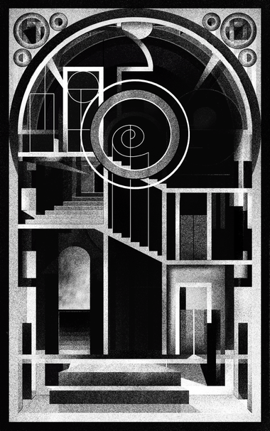 A black-and-white photograph of a monumental architectural façade, composed of interlocking arches, stairs, and rectilinear structures. At its center, a large spiral motif seems to anchor the composition, suggesting both movement and inward depth. The light falls obliquely, emphasizing the grain of stone and the geometric shadows. The surface texture and tonal gradations recall large-format film photography from the early 20th century, lending the scene the aura of a forgotten architectural utopia — somewhere between a machine and a temple