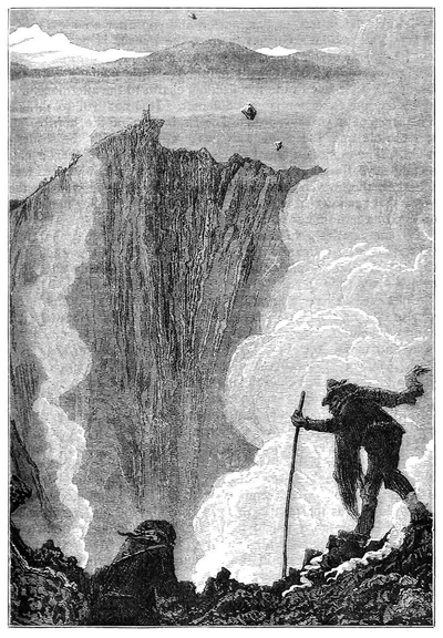 A man stands at the very edge of the crater of Mount Vesuvius, boldly leaning on his walking stick to take a better look into the void.