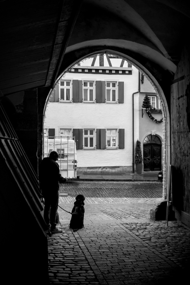 The black-and-white photo shows the view through an arched gateway leading outside onto a cobblestone street and a house opposite, with several windows and shutters. In the foreground, in the shadow of the passage, a person is standing with a dog on a leash. The scene is quiet and everyday; light enters from outside and highlights the outlines of the person and dog. The background features a house with a light facade and dark window frames.