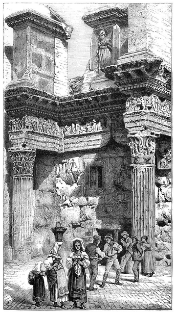 Nineteenth-century residents of Rome casually go about their everyday business against a backdrop of majestic ancient ruins.