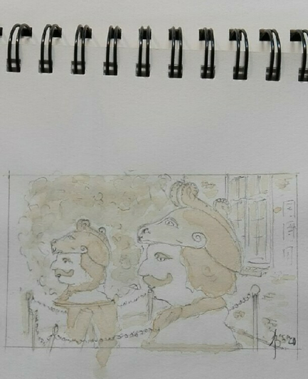 Sketch of two sculpted busts with heads of men with long hair, mustaches, scarfs and lionhead helmets with feathers on them.