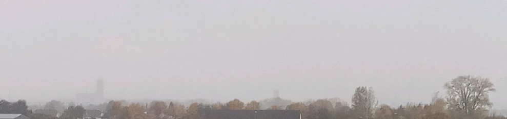 Foto. Blick über eine ferne Baumreihe und Dächer. Im dichten Nieselregenschleier sind die Umrisse von großen Kirchengebäuden gerade noch erkennbar. Herbstgrau.