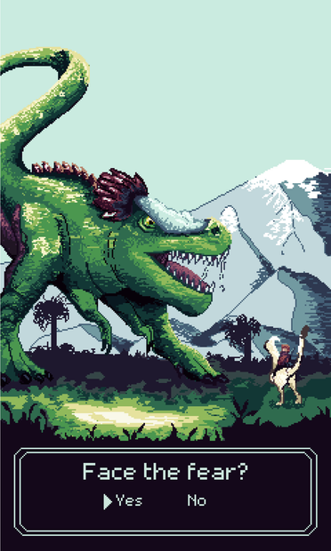 Little man on the right riding a light-brown dinosaur facing a monstrous, green dinosaur. In the back there are mountains. The badge  at the bottom of the picture says: "Face the fear? > Yes No" 