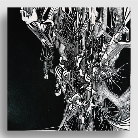 An abstract black and white illustration featuring intricate line work, geometric shapes, and organic forms, creating a chaotic yet harmonious composition. The design showcases a mix of fluid and angular elements, evoking a sense of depth and movement.