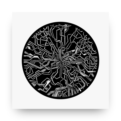 An abstract black-and-white digital artwork depicting a circular pattern filled with angular, branching lines that radiate outward from the center. The intricate design resembles a network of interconnected pathways or a stylized root system, rendered in stark white against a solid black background. The sharp lines and geometric forms create a sense of structure and complexity within the circular frame.