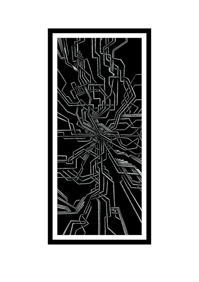 An abstract illustration featuring intricate, linear patterns on a black background, resembling a complex network or circuit design, framed in a thick, black border.