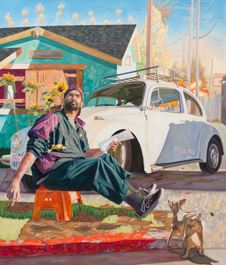 a painting by Elmer Guevara of a man sitting on an orange stool with a dog. a white vintage vw beetle is behind him along with fires
