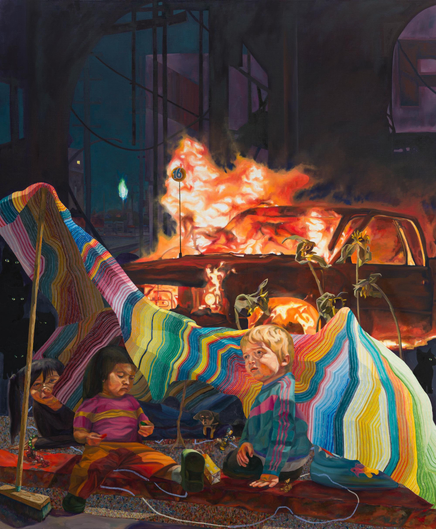 a painting by Elmer Guevara of three children underneath a makeshift tent with a car on fire in the background