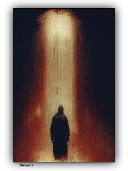 A digital artwork with a painterly texture. A dark space is cut through by a vertical slit of light — warm, muted, with a hint of amber or sepia, resembling a passage or a gate. At its center stands a solitary figure, seen from behind, wearing a long hooded coat. The silhouette leans slightly forward, as if approaching the light. Thin cords or wires hang from the ceiling, suspended within the beam. The palette is built on deep blacks, graphite grays, subdued browns, and warm highlights — muted, tense tones that create an atmosphere of silence and suspension. The scene evokes a dark fantasy aesthetic: raw, unsettling, full of ambiguity.