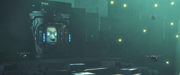 A foggy, techno-landscape with a huge face built into a wall between two pillars.  Three drones are flying towards it.