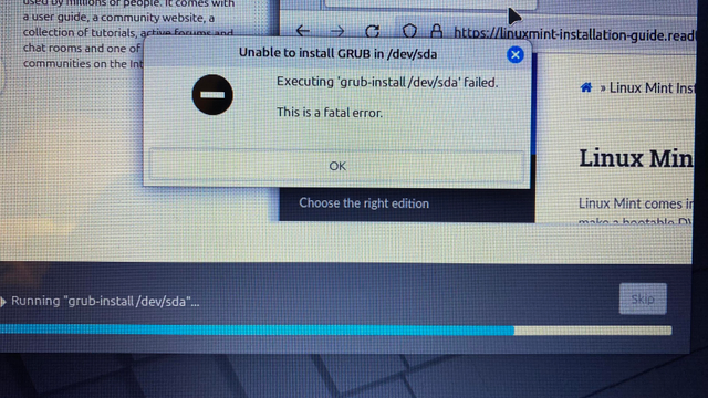 A Linux installation error informing me that Executing ‘grub-install/dev/sda’ failed and, concerningly, that this is a fatal error.