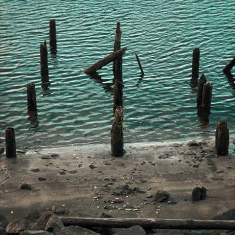 Several dock pylons protrude from the water and continue up a small, sandy shoreline.