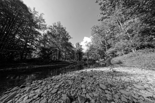 Immediately in front there is a deposit of rocks and gravel and past that a dark color creek with trees seeming to lean in from both sides thanks to the wide angle image