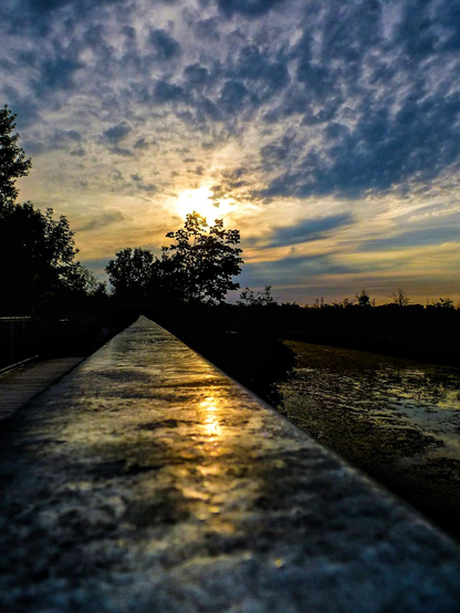 The yellow setting sun highlights the blue clouds with the reflection of the sky in a metal hand railing on a footbridge. The silhouette of trees can be seen in the background and the smooth water in the marsh on the lower right.