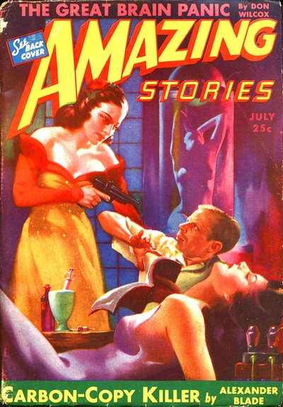 A seated man reacts to a woman standing over him pointing a gun. In the foreground is a similar looking woman, apparently unconscious, and a pestle and a syringe are on a table nearby. In the background is a naked female figure in a bell-jar/cylindrical container.
Amazing Stories magazine cover from 1943.
