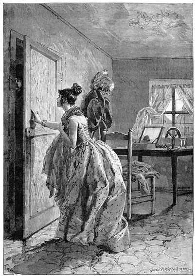 A woman is about to shut the door of a garret that has been left ajar, while a man standing on the landing is seen peering in.